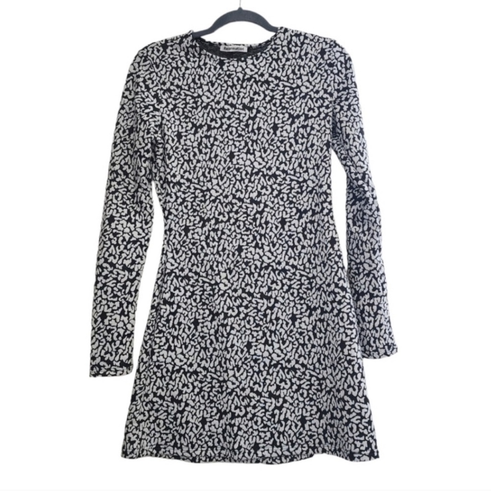 Reformation Black White print Long Sleeve Mini Dress Event Party Birthday - Picture 2 of 11